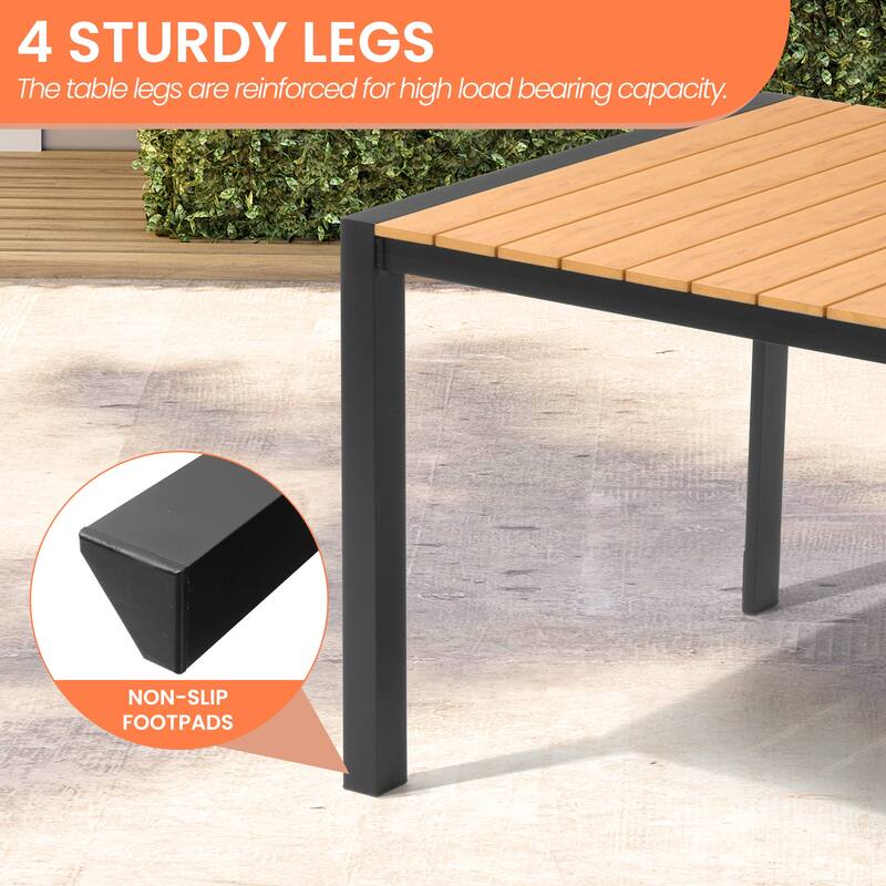 9-Piece Outdoor Patio Dining Set Wood Like Aluminum Umbrella Hole Table with Folding Chairs, Market Umbrella and Wheel Base