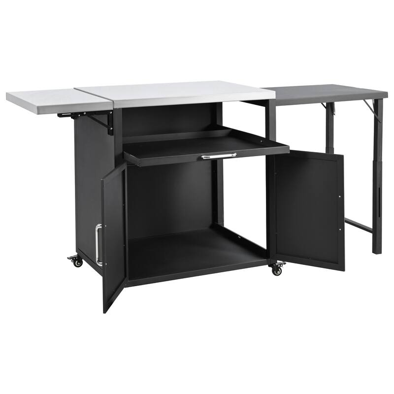 Roomfitters Versatile Outdoor Cabinet with Folding Work Surfaces Lockable Wheels & Ample Storage, Matte Black