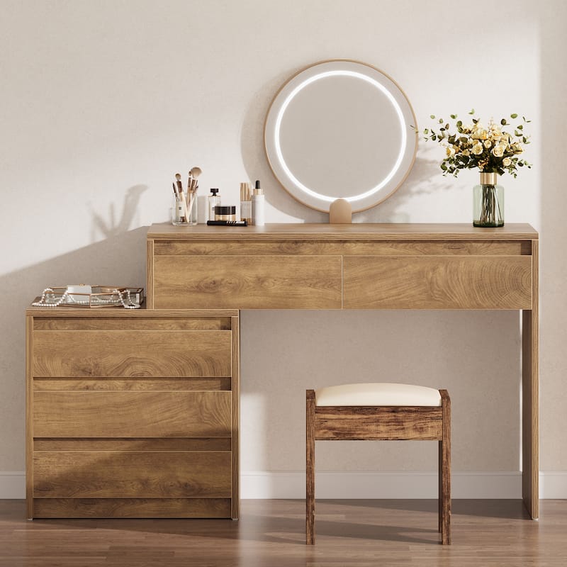 63" Vanity Desk with 5 Drawers, Makeup Table with Removable 3-Drawer Chest - Brown