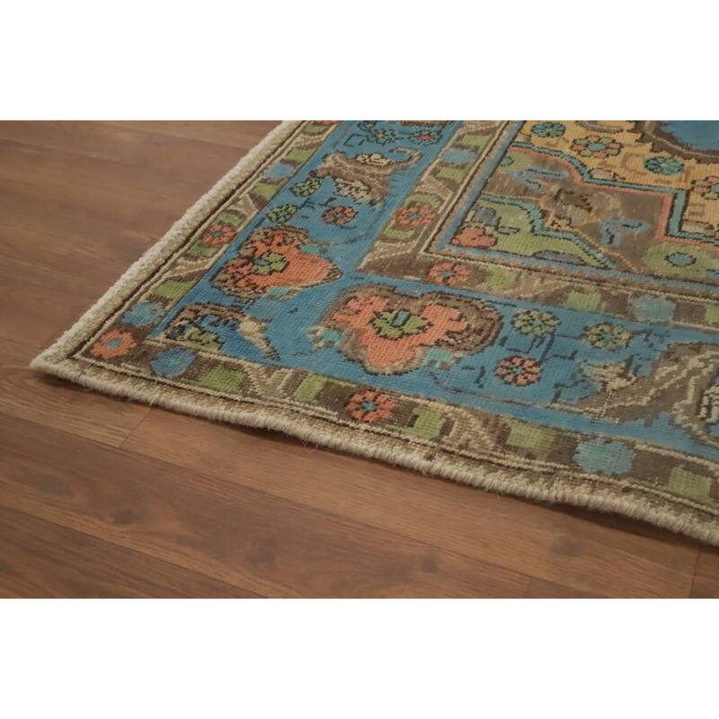 Hand Knotted Oriental 100% Wool Carpet Traditional Floral Navy Blue & Blues Tabriz Area Rug - 9' 5'' X 6' 4''