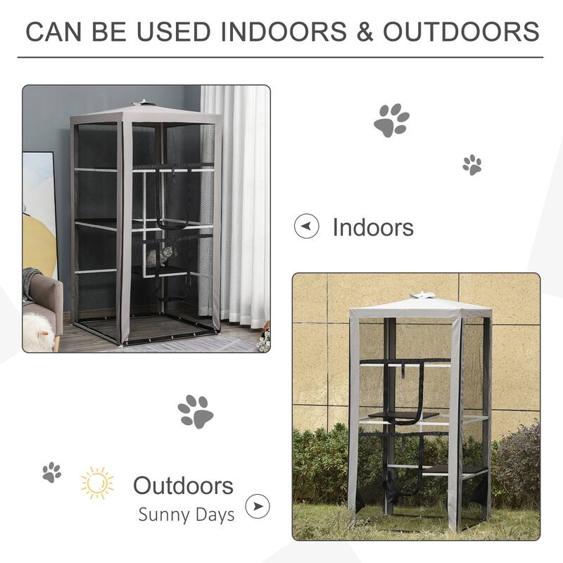Grey-White-Black Metal Cat House with 3 Platforms and Outdoor Stability