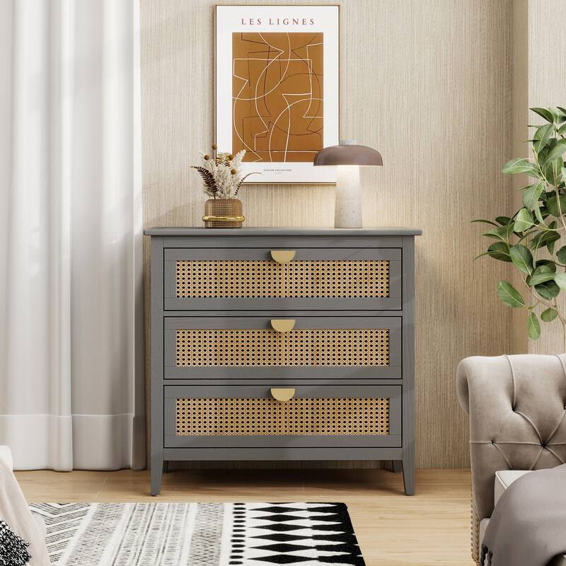 3 Drawer Cabinet,Natural rattan - Gray