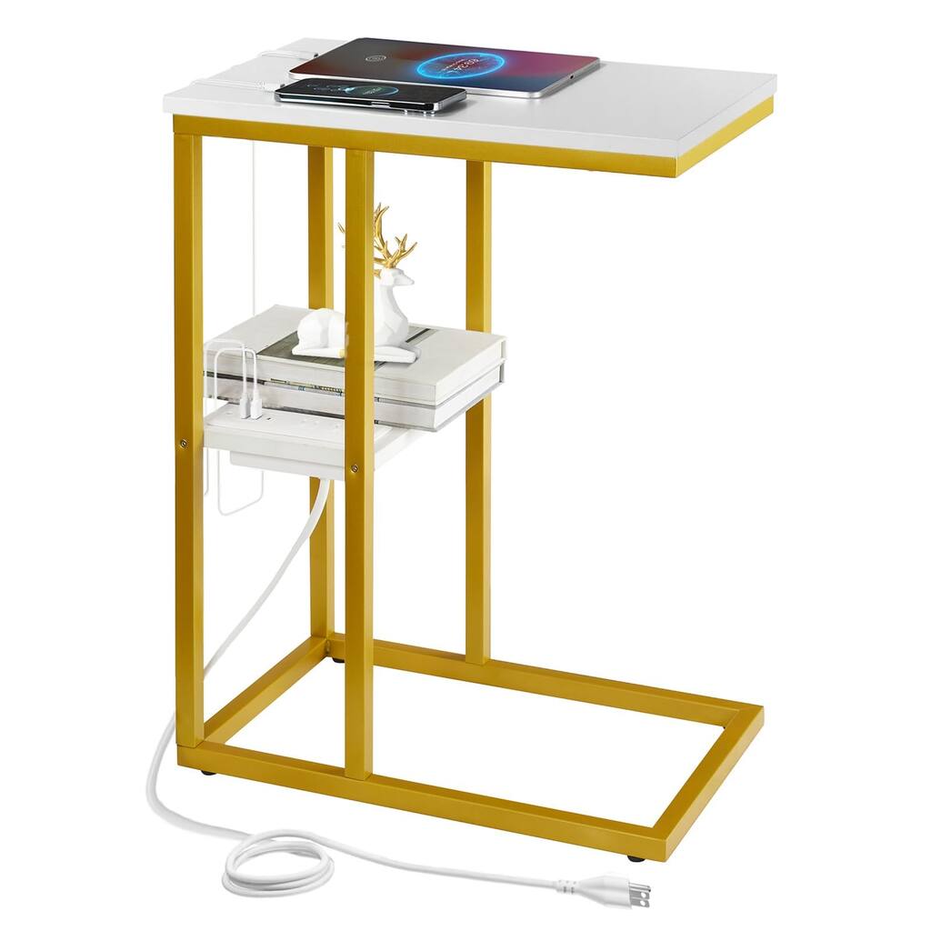 C Shaped End Table with Charging Station, Small Side Tables with USB Ports and Outlets, Snack Sofa Table C Couch Bed Table