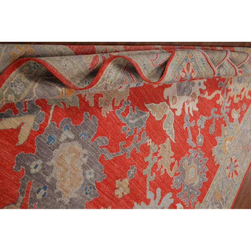 Red Floral Oushak Vegetable Dye Area Rug Handmade Wool Carpet - 8'2"x 9'11"