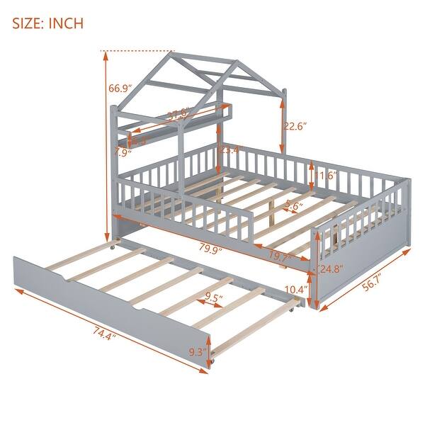 dimension image slide 0 of 2, Pine Wood House-Shaped Bed with Twin Size Retractable Trundle, Kids Toddler Platform Bed with Apex Roof & Shelf, Full Size