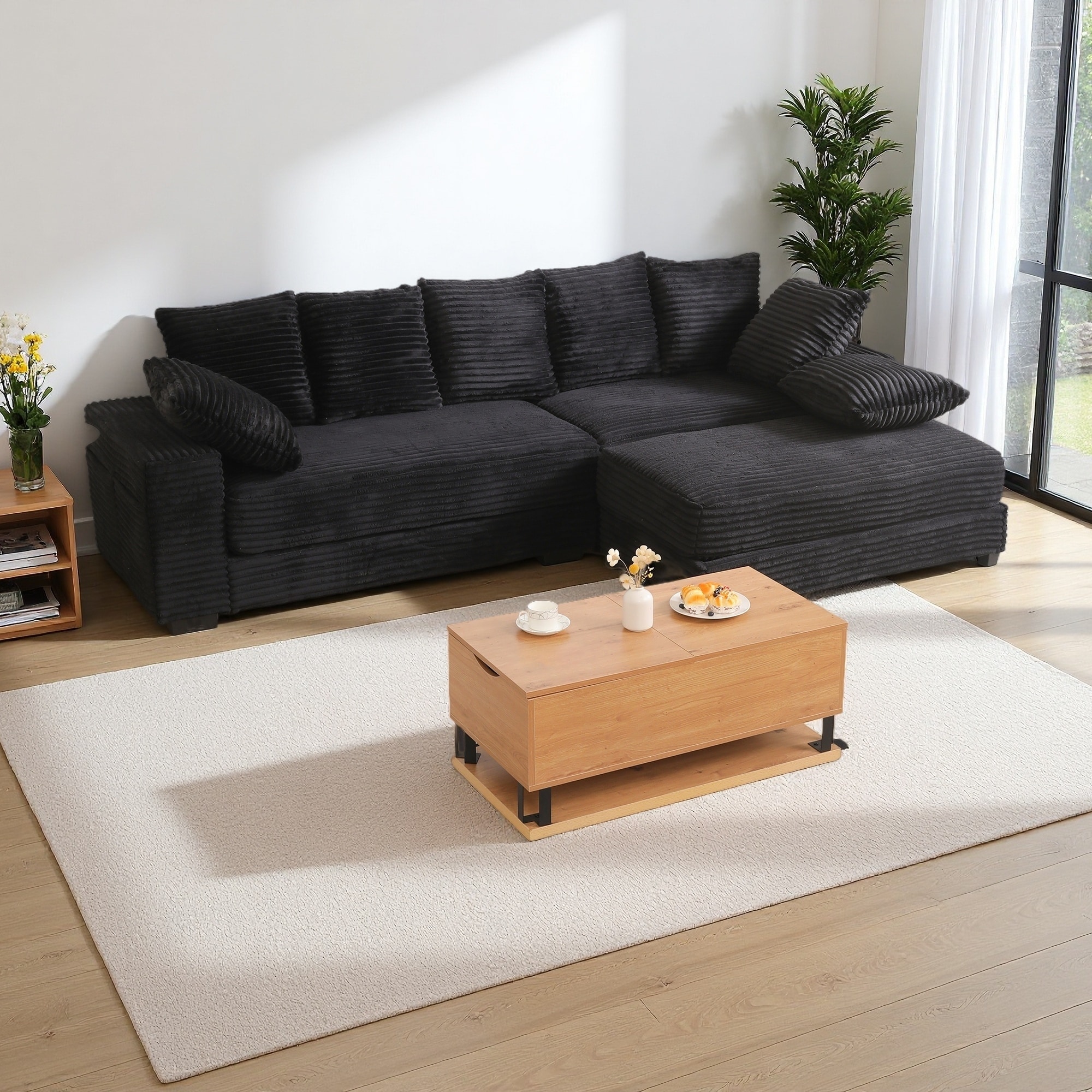 108.6'' Corduroy L-Shaped 4-Seat Sectional Sofa with Storage Ottoman and 8 Throw Pillows