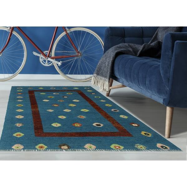 slide 1 of 2, Handmade High-Low Kilim Sameh Blue/Rust Rug - 3'5" x 4'7"