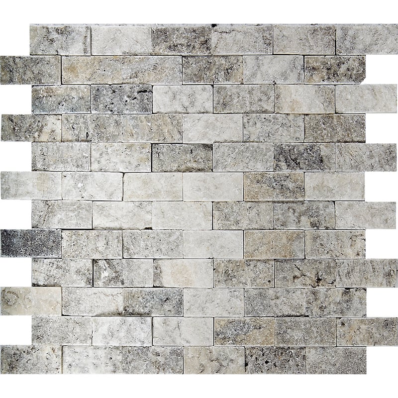 Argento Travertine 1" x 2" Split Face Mosaic Tile - 5 Sheets (5.00 sf) - Silver