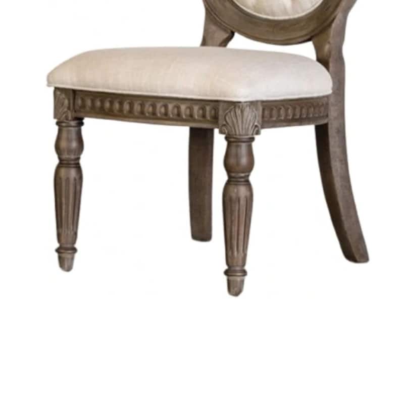 Hama Side Dining Chair Set of 2, Weathered Oak Wood, Tufted Beige Fabric