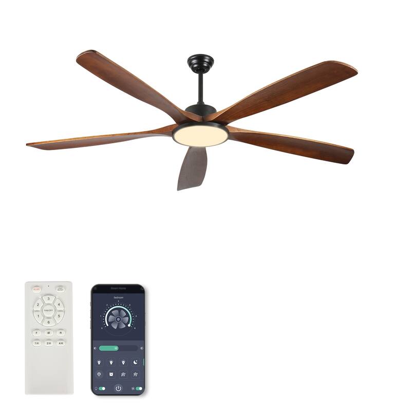 72-inch Large Outdoor Ceiling Fan with Remote Control and Light with Three-Color Dimming, 5 Reversible Wooden Blades
