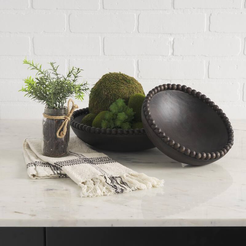 Wendell Dark Brown Wood w/ Wood Beads Round Bowls - 12.0L x 3.3W x 12.0H