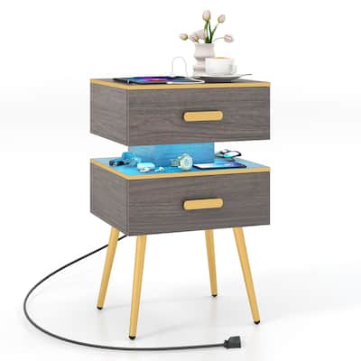 Costway 1/2 PCS Nightstand with Charging Station Bedside Sofa Side
