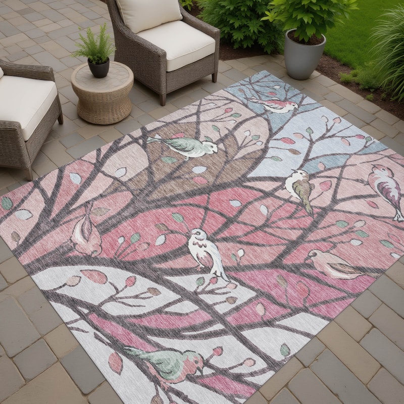 Machine Washable Indoor/ Outdoor Bird Mosaic Chantille Rug - Blush - 8' x 10'