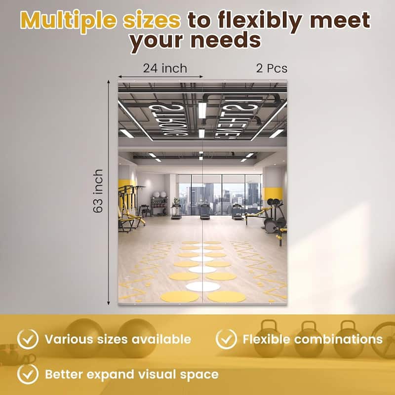 Full Length Tempered Glass Mirror - Rectangular Wall Mirror for Yoga, Gym & Dance Studio(Set of 2/3)