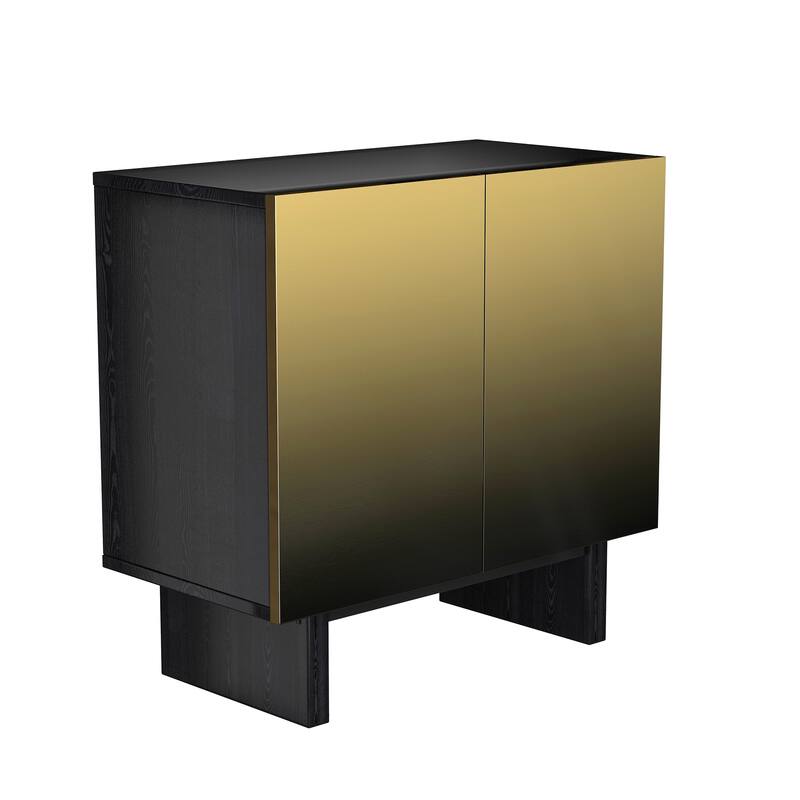 Modern Matte Black 2 Door Accent Cabinet with Gold Wire Mesh