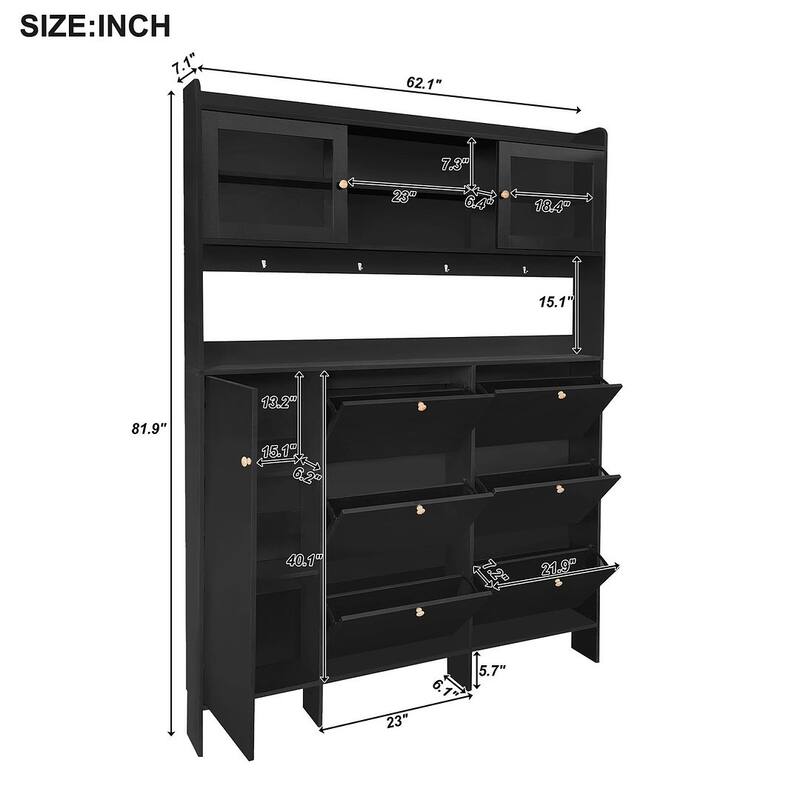 Hall Tree and Shoe Storage Bench with Flip Drawers and Doors