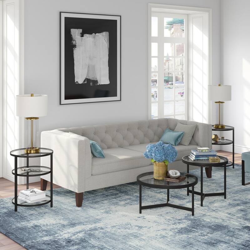 Set of 2 Black Glass Round Nested Coffee Tables with Steel Base - 34” x 34” x 17”