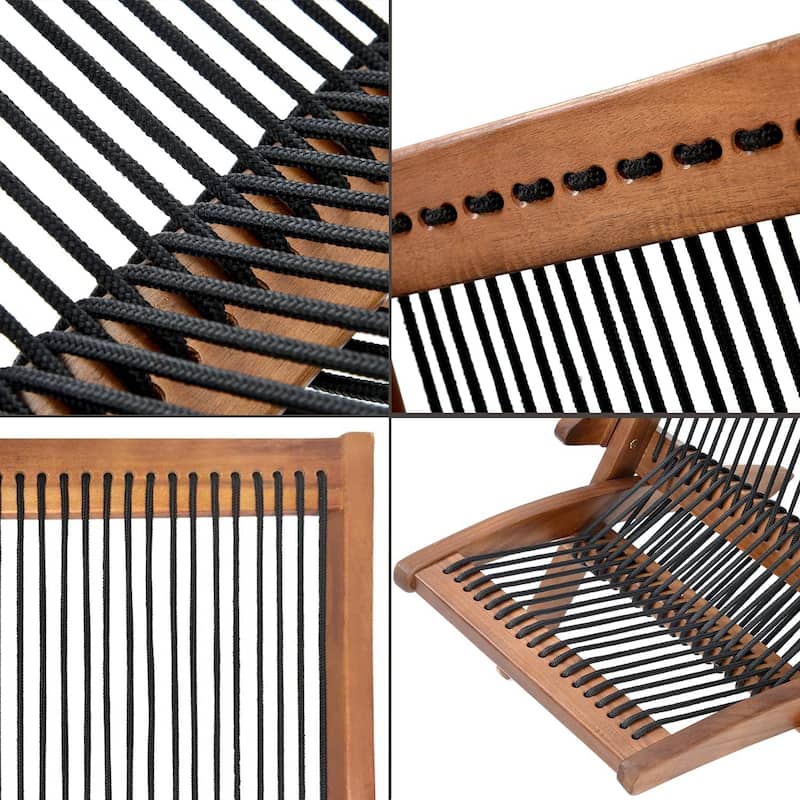 Folding Roping Solid Wood Outdoor Chair, Modern Low Profile Lounge Chair for Patio, Backyard, Deck, Porch, Poolside Garden, Lawn