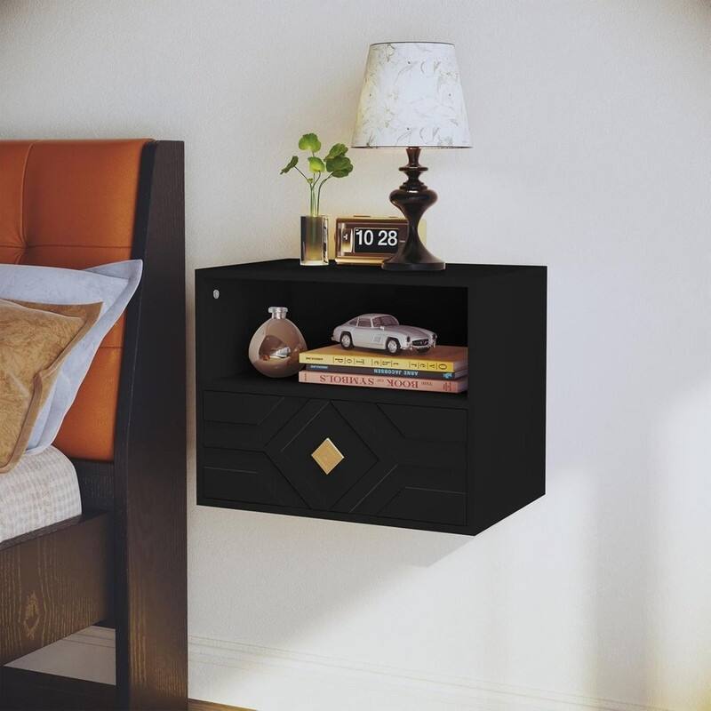 Floating Nightstand with Drawer - Black-embossed