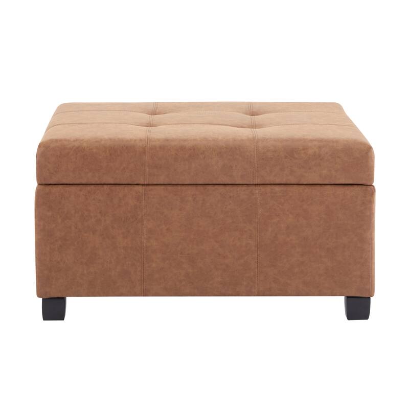 35" Square Brown Faux Leather Storage Ottoman Lift-Top Footrest Stool for Living Room, Upholstered Bench with Hidden Storage