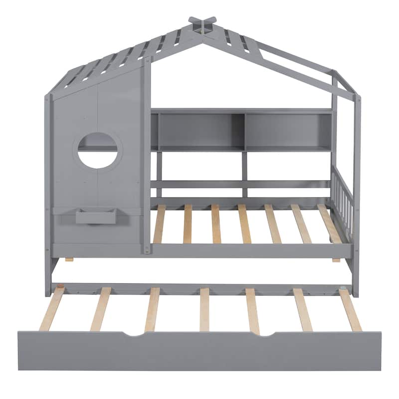 Modern Wooden House Bed with Trundle & Storage for Kids