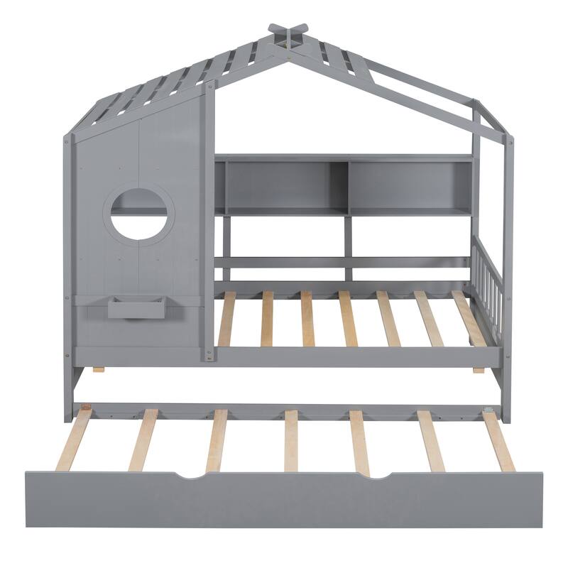 Wooden House Bed with Trundle with Built-In Storage Shelves by Harper&Bright Designs