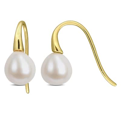 Miadora 8-9mm Cultured Freshwater Pearl Curved Shepherd Hook Earrings Yellow Plated Sterling Silver