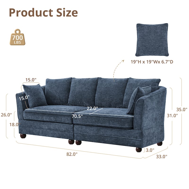 82"W Chenille Upholstered Couch With Cushion, Modern Loveseat Sofa, 3-Seater Sofas For Living Room, Beige/Blue/Grayish Brown