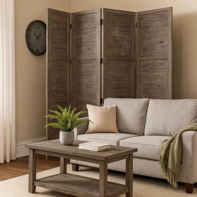 Wooden 4 Panel Foldable Floor Screen with Textured Panels, Gray