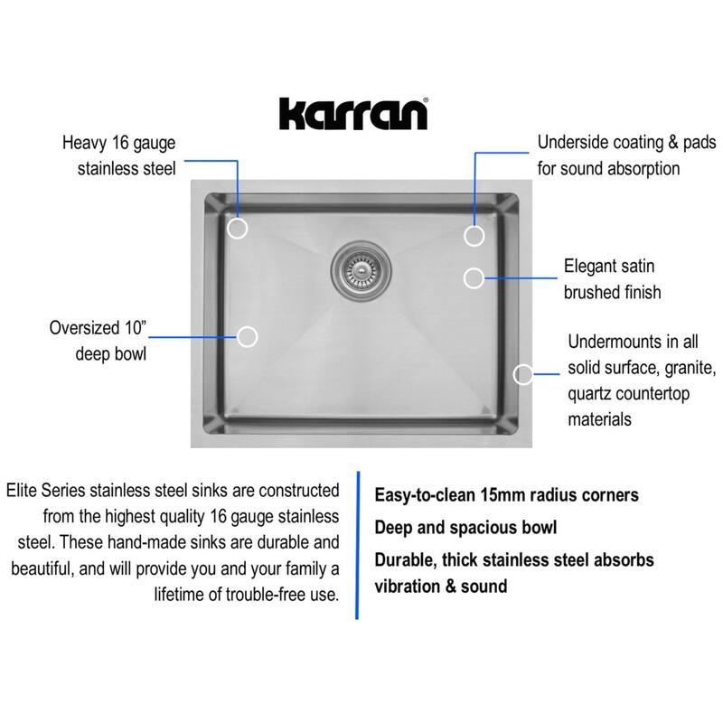 Karran USA EL-73-PK1 Elite 23" Undermount Single Basin Stainless Steel - Stainless Steel