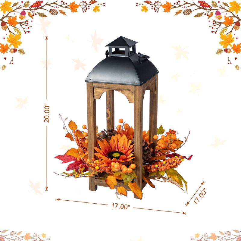 Glitzhome 20"H Fall Pumpkin Sunflower Pine Cone Wooden Hanging Lantern Table Centerpiece