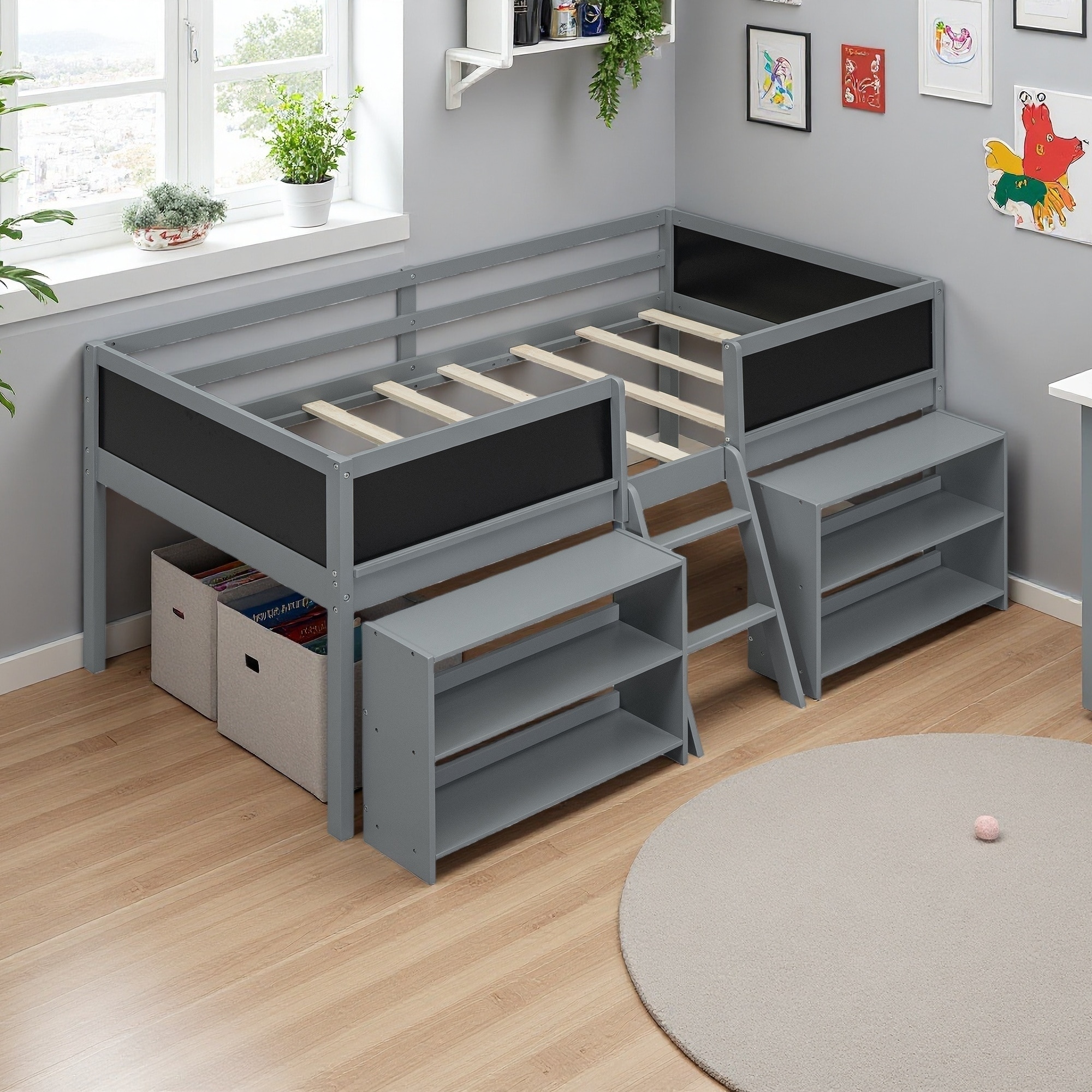Twin Pine Wood Low Loft Bed with 2 Movable Shelves & Chalkboard