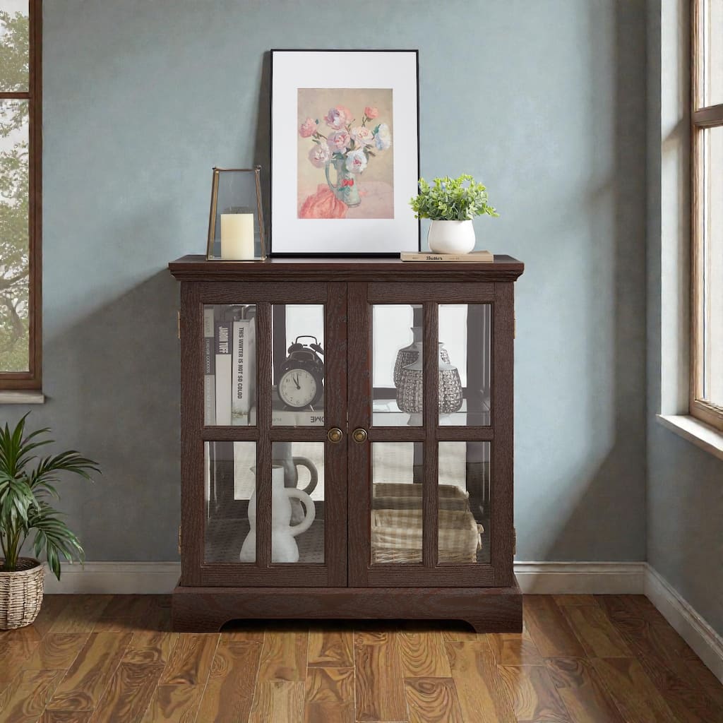 LED Curio Display Cabinet with Adjustable Glass Shelves, Antique Style Storage Cabinet with Lattice Doors