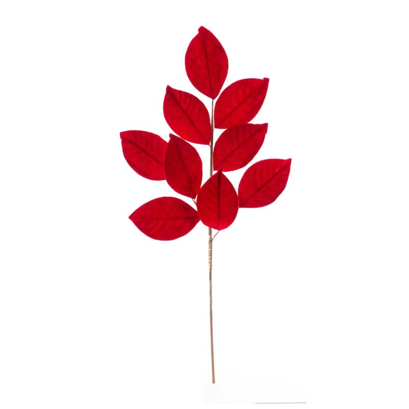 Red Flocked Magnolia Leaf Spray (Set of 6) - N/A