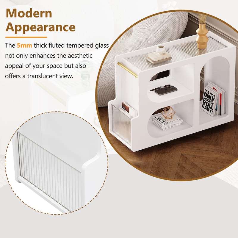 Roomfitters Mobile End Table with Lockable Wheels, Narrow Coffee Table with Fluted Tempered Glass and Golden Rod Design