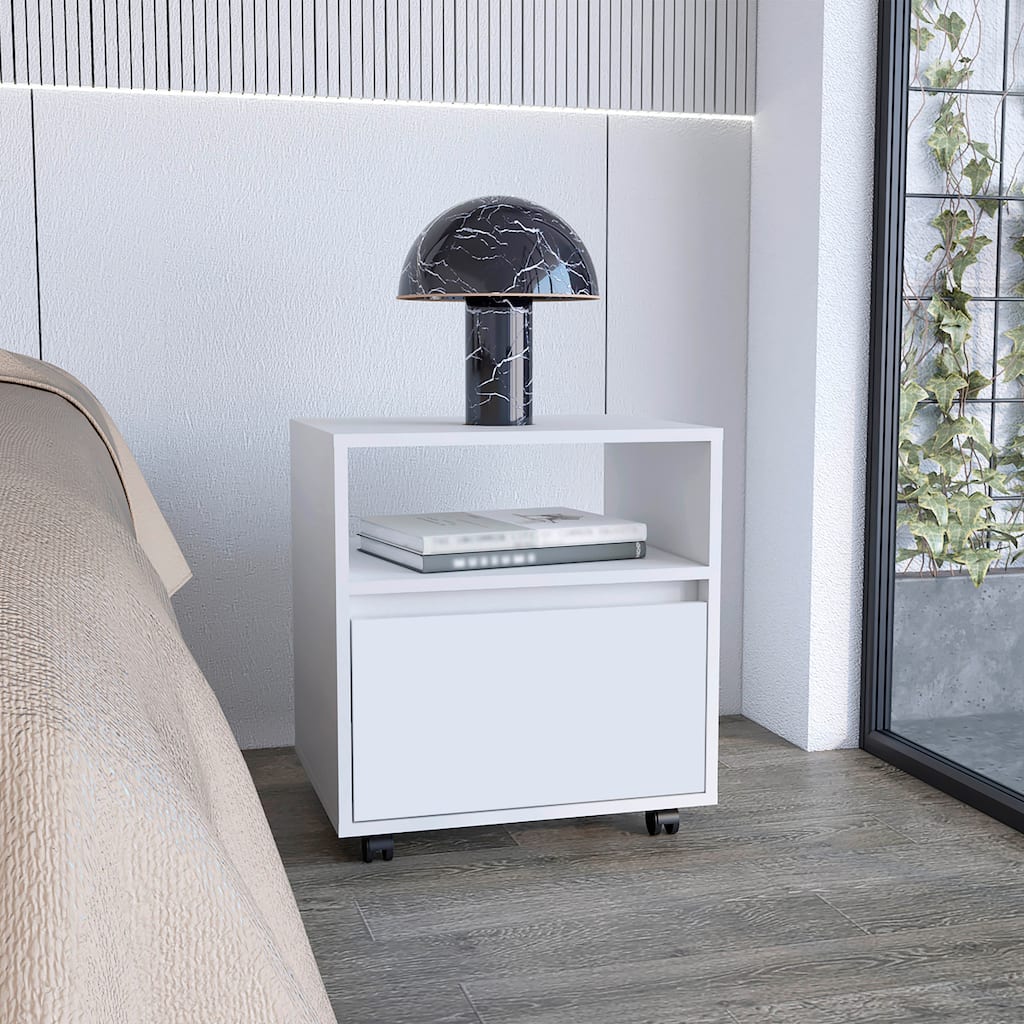 Mobile Nightstand with Drawer, Open Shelf, and Casters in White