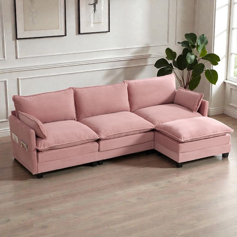 Oversized Modular Sectional Sofa with Ottoman, 102 Inch 4 Seat Corduroy L Shaped Couch for Living Room