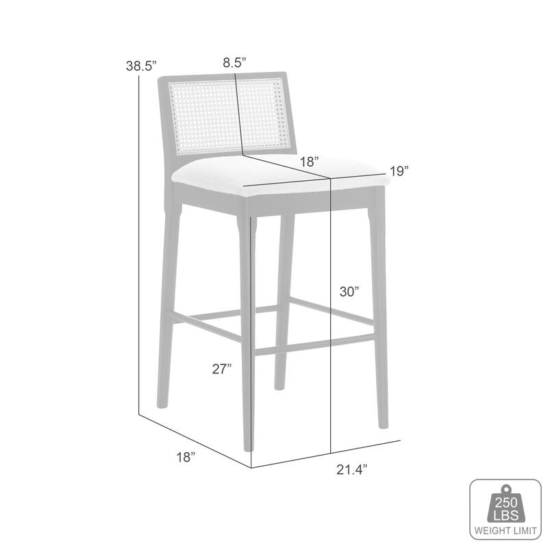 Tobias Rattan and Wood Bar Stool, Counter Height Kitchen Stool with White Boucle Fabric Upholstered Seat