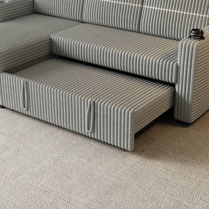 3-Seater Sleeper Sofa Bed with Corduroy Fabric, Storage Chaise, USB Charger, and Cup Holders