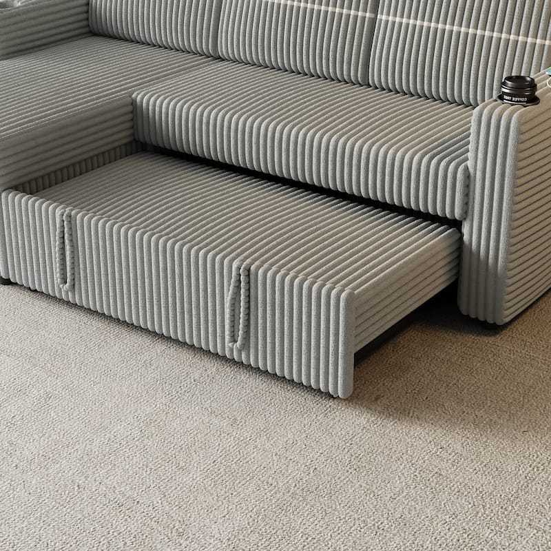 85" Corduroy 3-Seater Sleeper Sofa with Storage Chaise, USB Charging and Cup Holders
