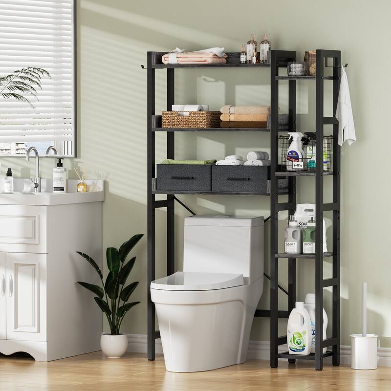 31'' W Over the Toilet Storage Shelf with 2 Drawers and 4 Hooks for Restroom and Laundry