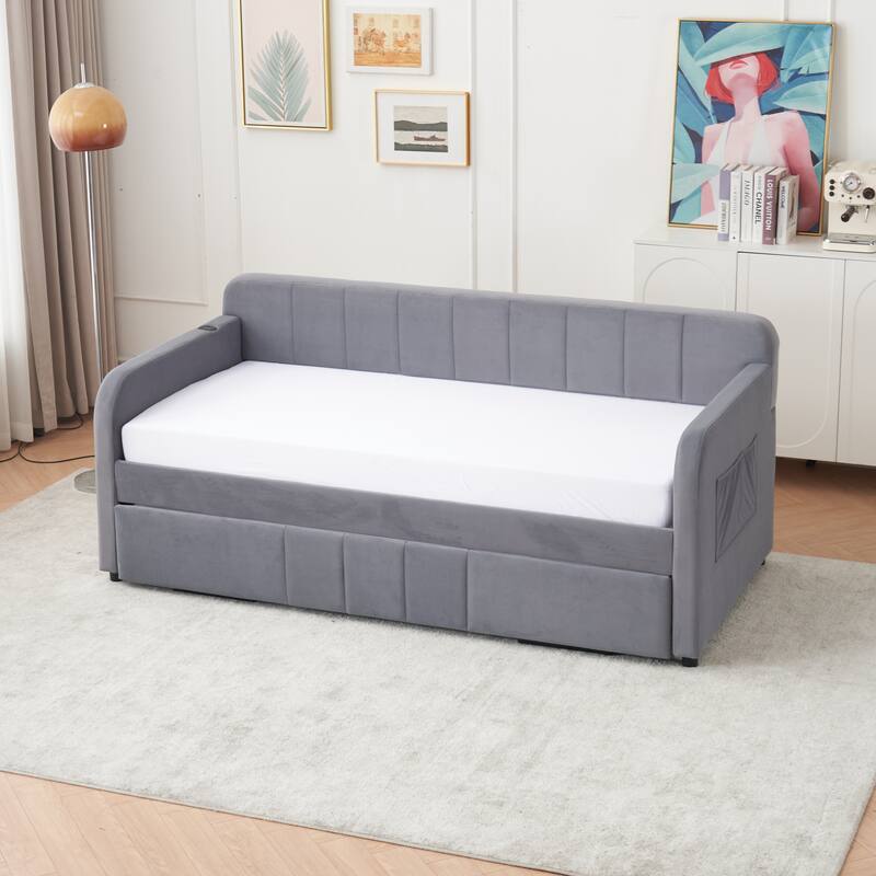 Twin Size Velvet Upholstered Daybed, Wood Sofa Bed Frame Daybed Couch with Trundle Bed and Wood Slat