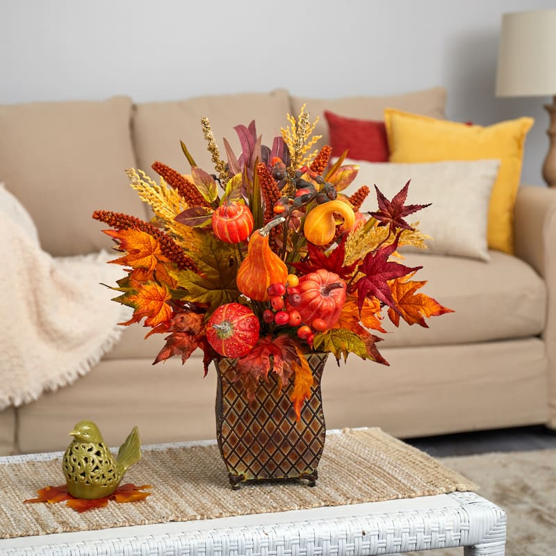 21" Pumpkin, Maple Leaf and Sorghum Harvest Arrangement in Planter