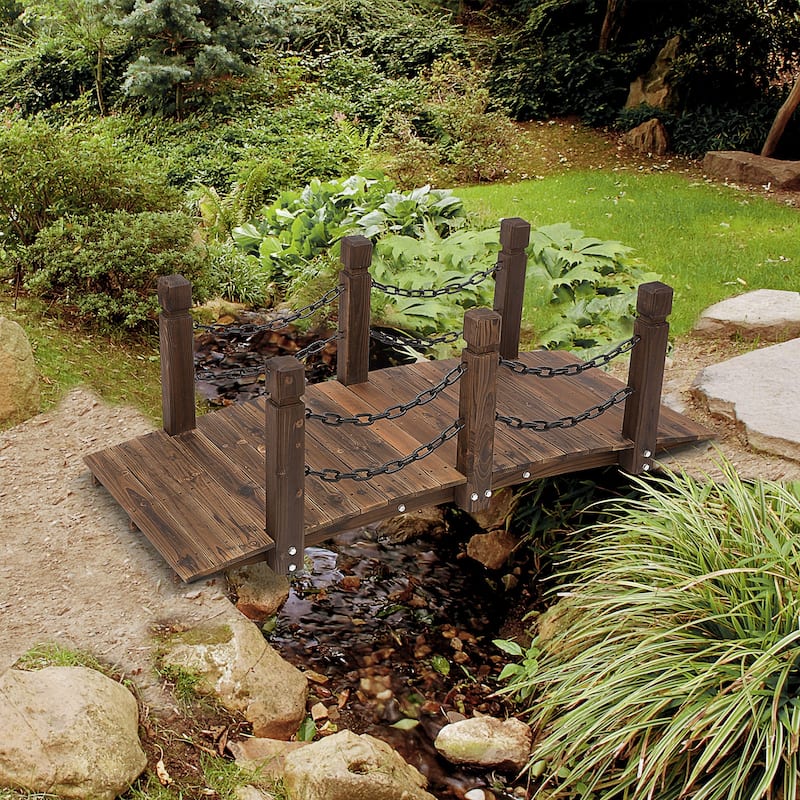 Outsunny 5ft Wooden Garden Bridge Arc Stained Finish Walkway with Chain Railings, Stained Wood
