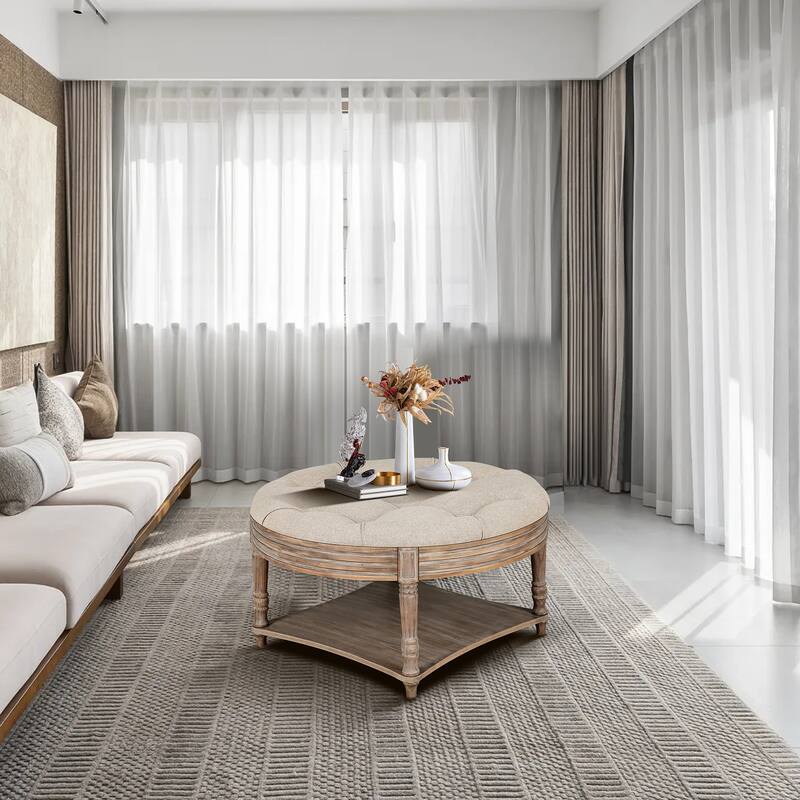 Large Round Coffee Table and Tufted Ottoman with Wooden Shelf Storage - 31.49'' x 31.49'' x 18.5''