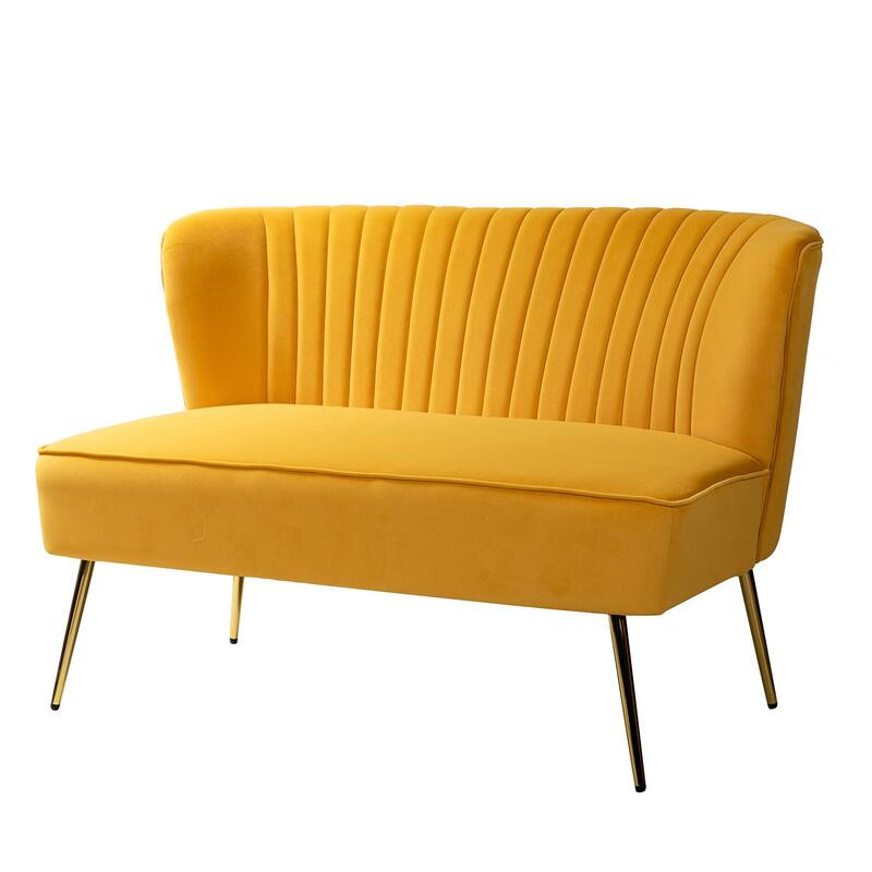 Monica Modern Velvet Curved Tufted Back Loveseat with Metal Tapered Legs by HULALA HOME - Mustard