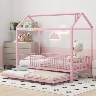 Roomfitters Twin Size Metal House Bed with Fence, Space-Saving Design with Trundle, Fun and Practical