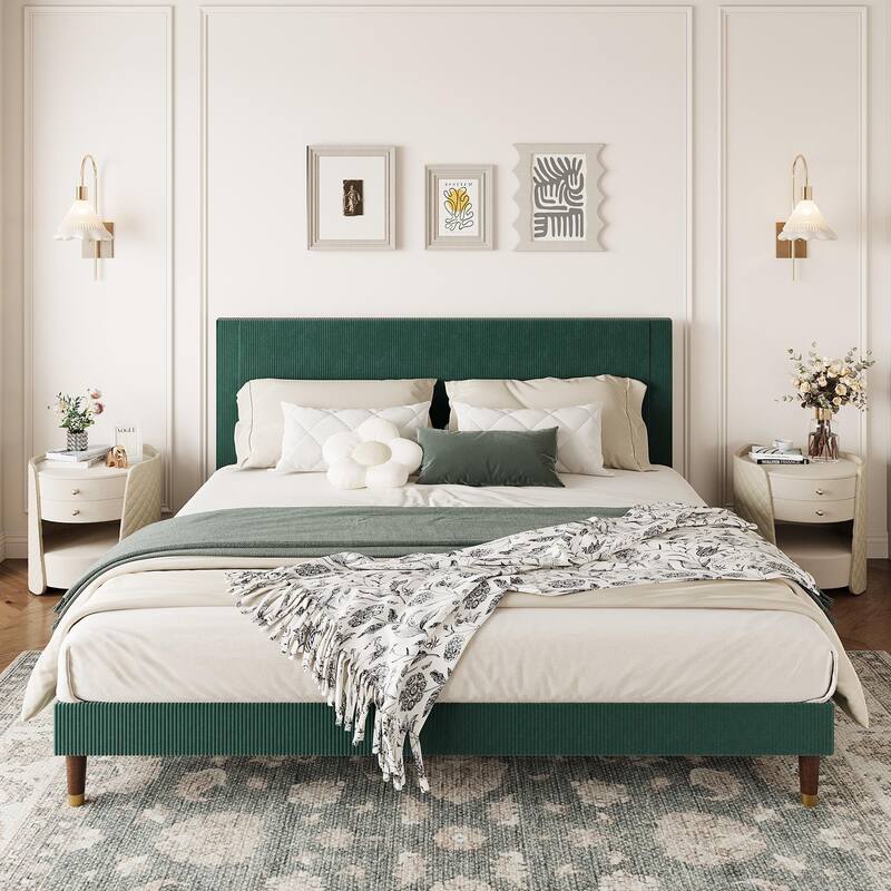 Upholstered Platform Bed Frame, Fabric Headboard and Wooden Slats - Dark Green - King