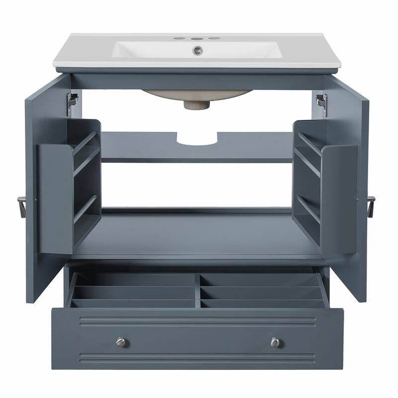 30" Bathroom Vanity with Ceramic Sink - Solid Wood Frame Bathroom Sink Cabinet with Adjustable Shelf