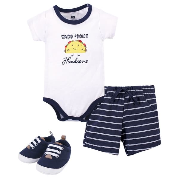 slide 1 of 1, Hudson Baby Infant Boy Cotton Bodysuit, Shorts and Shoe 3pc Set, Handsome Taco 0-3 Months - Handsome Taco